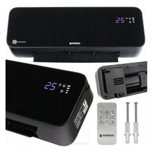 Kolaż nagrzewnicy kurtyny powietrznej Powermat, pilota i elementów montażowych - Powermat Grzejnik termiczny