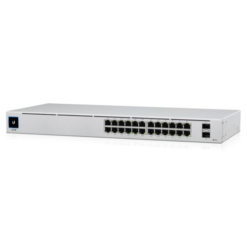Angled view of UBiQUiTi USW-24-POE 24-Port Managed Gigabit PoE+ Switch