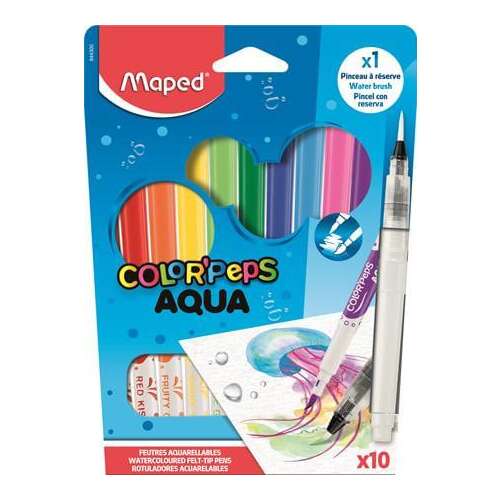 Aquarell filctoll készlet ecsettel, 10 db-os, 3,6 mm, ecsettel, Maped Color Peps Aqua 111063050