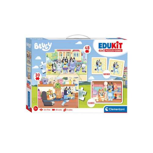 Clementoni Edukit 4in1 Bluey puzzle, memóriajáték és építőkocka készlet csomagolása
