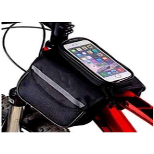 Fekete kerékpárváz táska telefontartóval, kormányhoz rögzíthető, vízálló, fényvisszaverő csíkkal