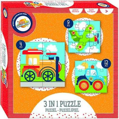 Puzzle Toy Universe 3 în 1 cu modele de tren, avion și mașină. Jucărie educativă pentru copii.