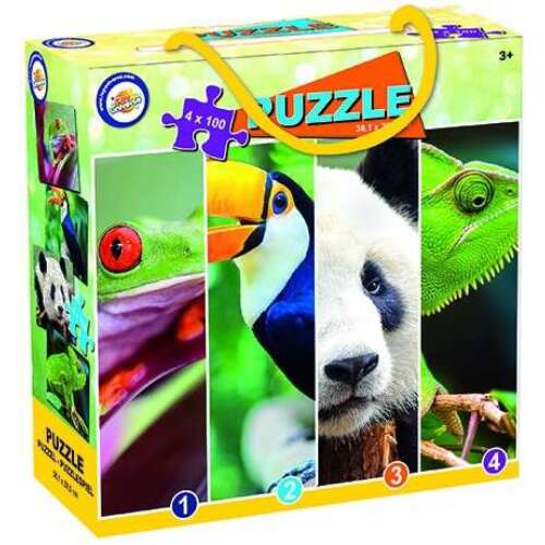 Puzzle Toy Universe Egzotične životinje 4 u 1, 4 x 100 dijelova, sa žabom, tukanom, pandom i gušterom