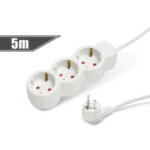 White 3-way power strip with 5 meter cable, 10/16A, 250V - Delight Power Strip