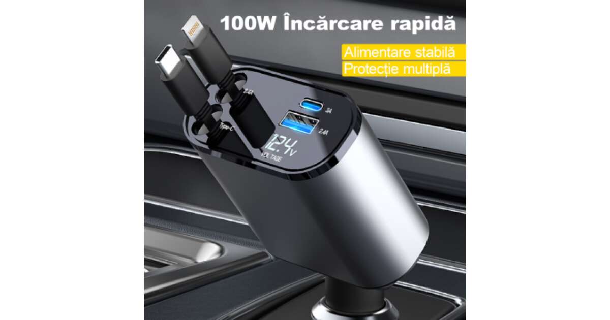 Autós töltő 100 W szupergyors töltés, visszahúzható, 4 az 1-ben, univerzális, Type-C + Lightning, USB, kompatibilis Samsung, iPhone 111192333