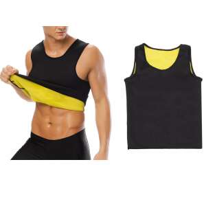 Black neoprene fitness tank top for men, size L, front and back view - Body shaping