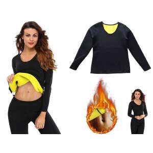 Colagiu a unui tricou de fitness din neopren cu mâneci lungi pentru femei, care arată tricoul purtat, o imagine de aproape a țesăturii și o femeie care poartă tricoul cu o grafică cu flacără - Sport și agrement