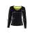 Front view of a women's long-sleeved neoprene fitness shirt with size measurements