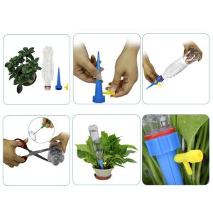 Kollázs, amely bemutatja, hogyan kell használni az Öncsepegtető önöntöző tüskéket - Csepegtető öntöző