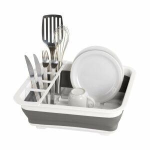 Összehajtható edényszárító edényekkel és evőeszközökkel, konyhai rendszerezés - Edényszárító