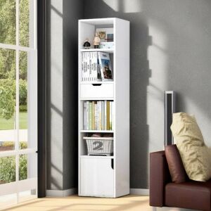 Fehér könyvespolc fiókkal és szekrénnyel, 32,5x24x150cm, nappaliba vagy irodába - BeComfort