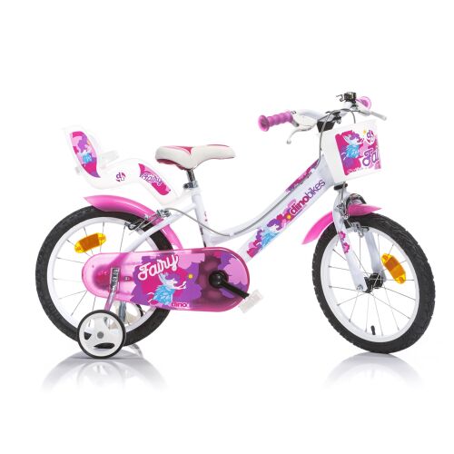 Dino Bikes Fairy 16 colos lány kerékpár, fehér és rózsaszín tündér mintával, babahordozóval és kosárral