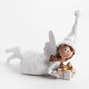 Angyalka fekvő angyal figura ajándékkal, fehér és arany karácsonyi dekoráció - Nonbrand Karácsonyi dekoráció