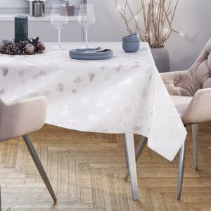 AmeliaHome Christmas Story white tablecloth with silver festive pattern on a set table - AmeliaHome