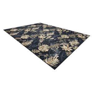 Hakano ARLEN LEAVES4 schwarzer tropischer Teppich, 160x220 cm, schräge Ansicht auf weißem Hintergrund - Innenarchitektur
