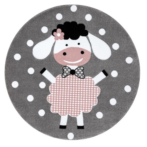 Hakano Tinies Dolly round rug with sheep design, gray and pink