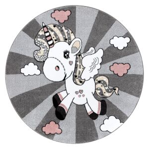 Okrugli tepih Hakano TINIES UNICORN, sivi s jednorogom i oblacima - Uređenje interijera