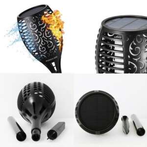 Collage of the black solar powered flame effect LED torch, showing the different parts and features - Nonbrand Solar lantern