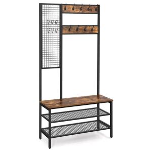 Cuier vertical Songmics ERGO cu cârlige pentru haine, bancă pentru depozitare pantofi și panou metalic tip grilaj. - Umerașe