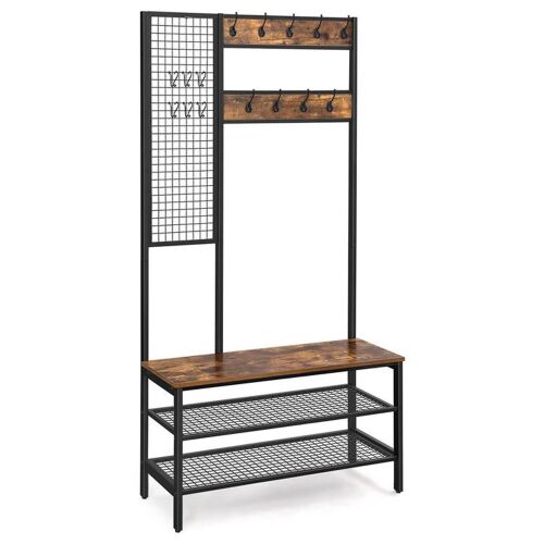 Cuier vertical Songmics ERGO cu cârlige pentru haine, bancă pentru depozitare pantofi și panou metalic tip grilaj.