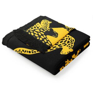 AmeliaHome ZARIA black and yellow leopard print throw blanket with fringe, 150x200 cm - Interior design