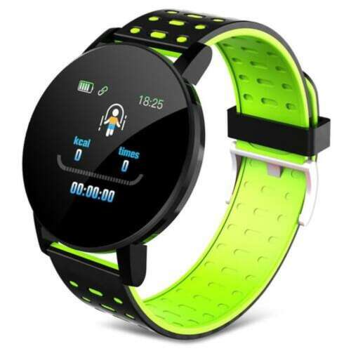 Black and green smart watch with a round display, showing time, steps, calories burned, and heart rate