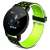 Black and green smart watch with a round display, showing time, steps, calories burned, and heart rate