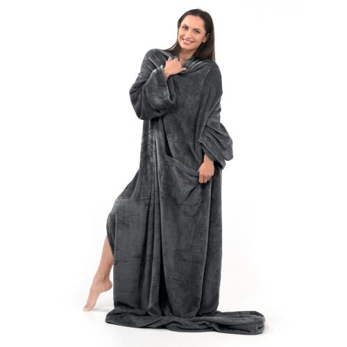 LAZY graphite grey wearable blanket with sleeves and pockets
