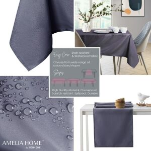 Collage of AmeliaHome Empire purple oval tablecloth features: stain resistant, waterproof, various shapes - AmeliaHome