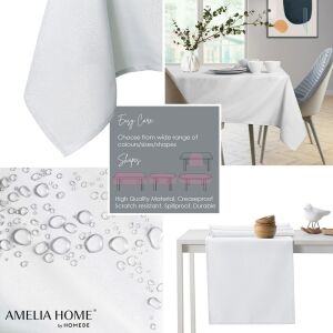 Collage of AmeliaHome Empire white tablecloth features: stain resistance, easy care - Interior design