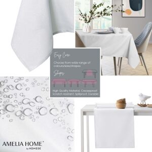 Collage of AmeliaHome Empire white tablecloth features - AmeliaHome