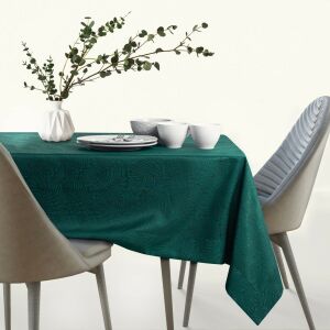 AmeliaHome Gaia glass green embossed tablecloth on a dining table setting. - Interior design