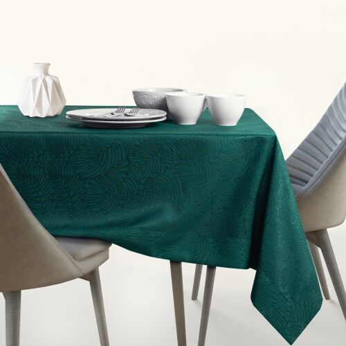 AmeliaHome Gaia glass green embossed tablecloth on dining table