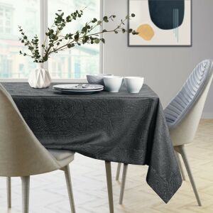 AmeliaHome Gaia graphite grey embossed tablecloth on a dining table. - Interior design