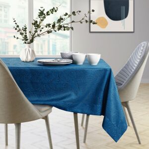 AmeliaHome Gaia indigo blue embossed tablecloth on dining table - Interior design