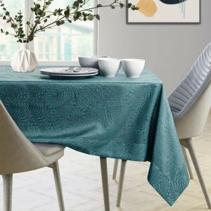 AmeliaHome Gaia teal embossed tablecloth on dining table setting. - Interior design