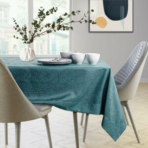 AmeliaHome Gaia teal embossed tablecloth on dining table - Interior design