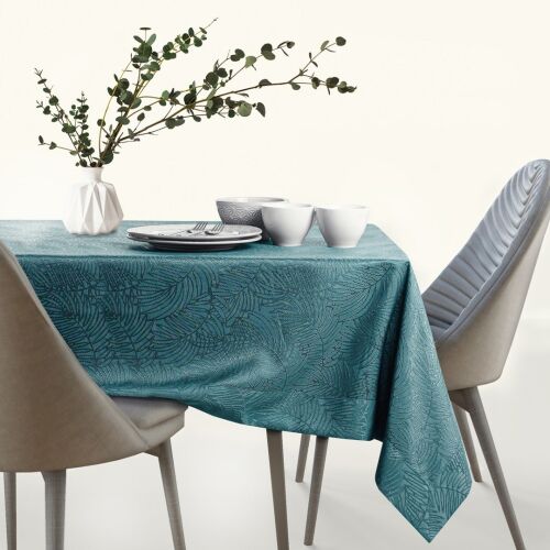 AmeliaHome Gaia teal embossed tablecloth on dining table