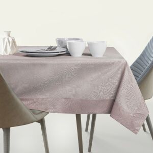 AmeliaHome Gaia powder pink embossed tablecloth on dining table - AmeliaHome