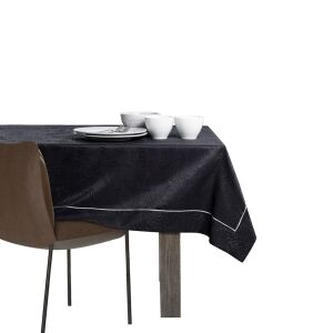 AmeliaHome Gaia black embossed tablecloth on a table, isolated on white. - Interior design