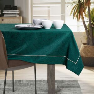 AmeliaHome Gaia glass green embossed tablecloth in a dining room setting. - Interior design