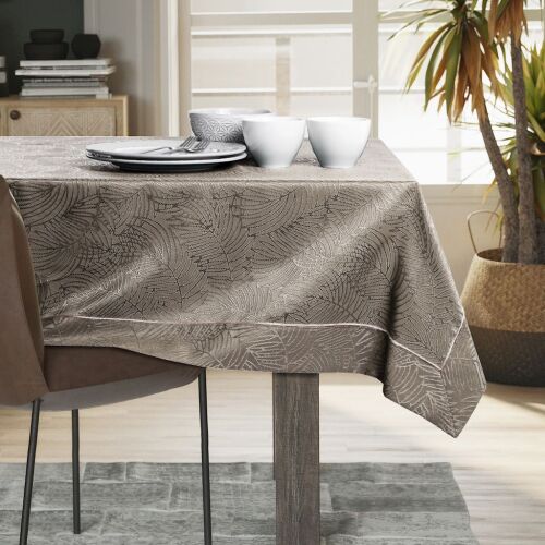 AmeliaHome Gaia cappuccino embossed tablecloth on dining table.