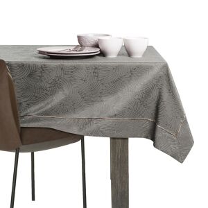 AmeliaHome Gaia brown embossed square tablecloth on a set table. - Interior design