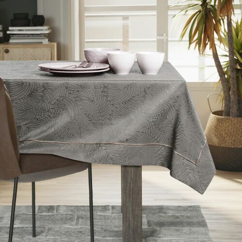 AmeliaHome Gaia brown embossed tablecloth on a dining table in a modern setting.