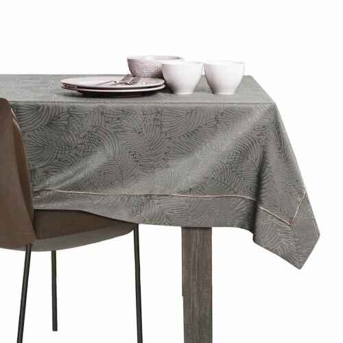 AmeliaHome Gaia brown embossed tablecloth on dining table.