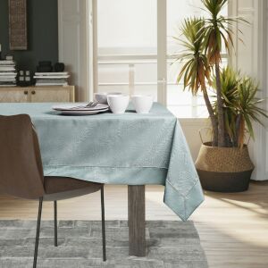 AmeliaHome Gaia mint green embossed tablecloth on dining table in a room setting - Decoration