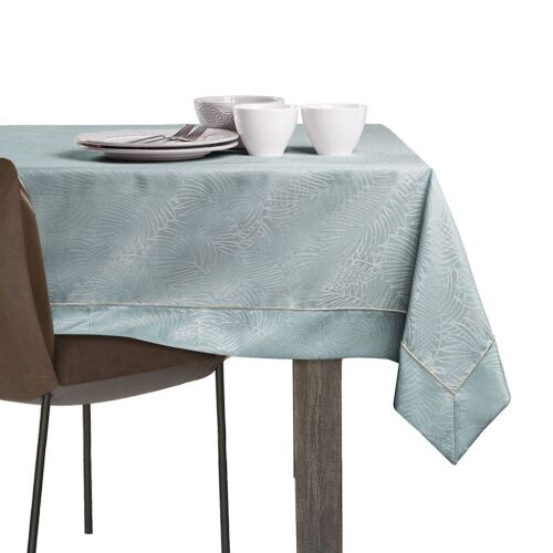 AmeliaHome Gaia mint green embossed tablecloth on dining table