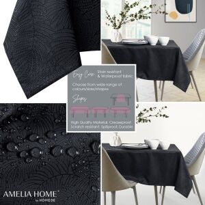 Collage of AmeliaHome Gaia black embossed tablecloth features: stain resistant, waterproof, creaseproof. - Interior design
