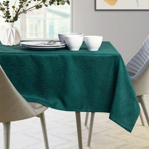 AmeliaHome Gaia glass green embossed tablecloth on dining table