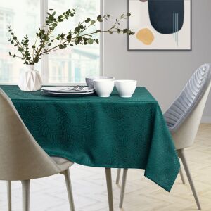 AmeliaHome Gaia glass green embossed tablecloth on a dining table setting. - Interior design